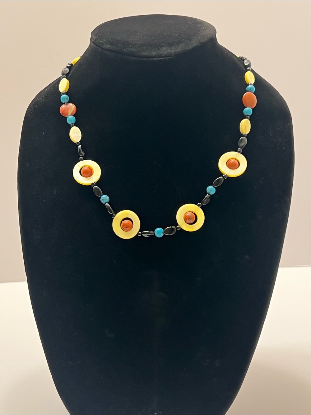 Yellow and Turquoise Bead Circle Pendant Necklace with Orange Accents